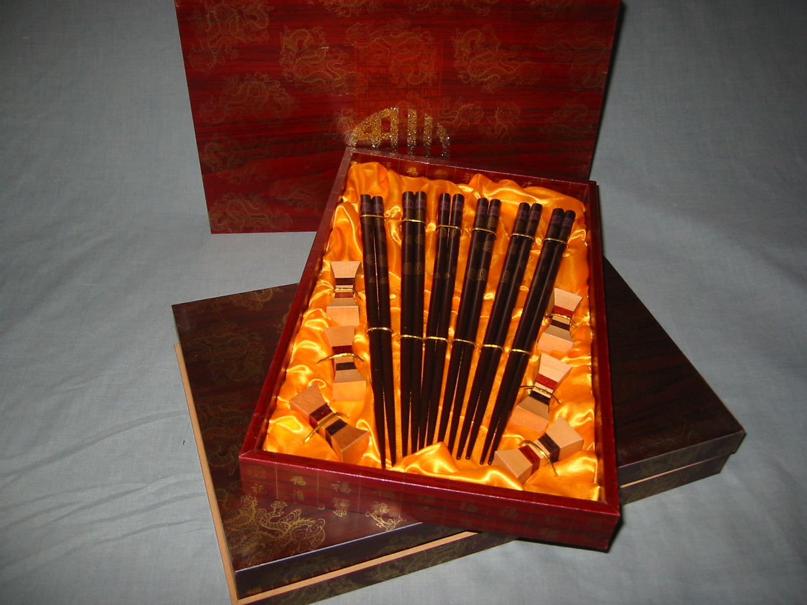 (image for) Chopstick Set, 6 Settings Brown Lacquered Timber Chopsticks + Rests, Gift Boxed
