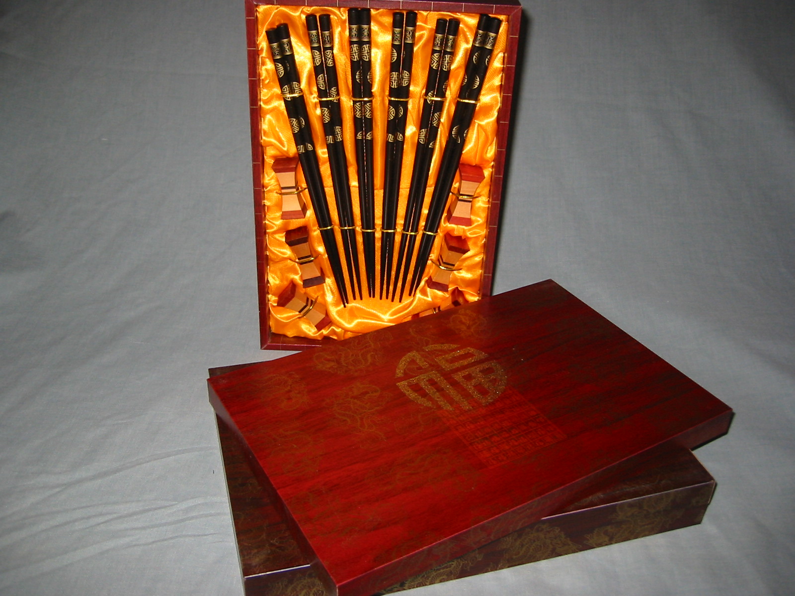 (image for) Chopstick Set, 6 Settings Black Lacquered Timber Chopsticks + Rests, Gift Boxed
