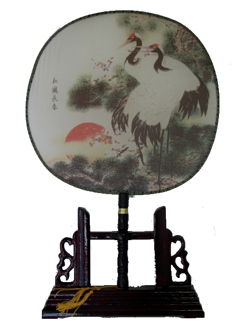 (image for) Chinese Hand Held Fan, Printed Patterns on Cloth, Cranes & Pine