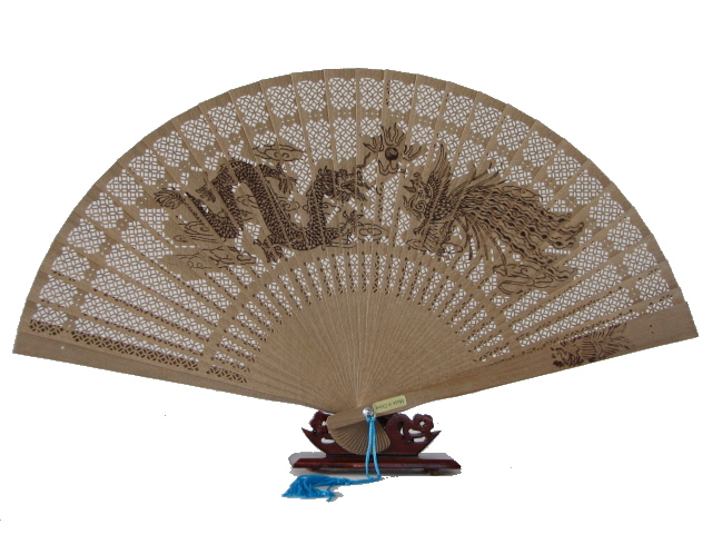 (image for) Chinese Hand Held Fan, Embossed Pattern on Sandalwood Body, Dragon & Phoenix