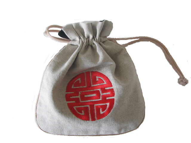 (image for) Jewellery Bag, Chinese Themed, Cotton, Grey with Red Motif