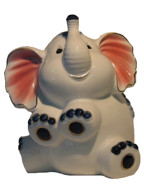 (image for) Porcelain Elephant Money Box, Sitting, Elephant in Cobalt Blue on White.