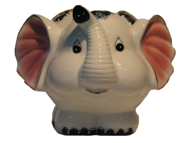 (image for) Porcelain Elephant Money Box, Standing, Elephant in Cobalt Blue on White.