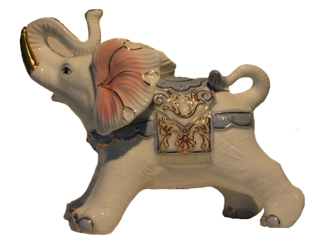 (image for) Porcelain Ornament, Classic Elephant Shape, Light Blue & Pink on White Porcelain