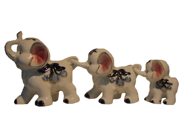 (image for) Porcelain Ornament, Animated Elephant Shape 3 Piece Set, Pink & Blue on White
