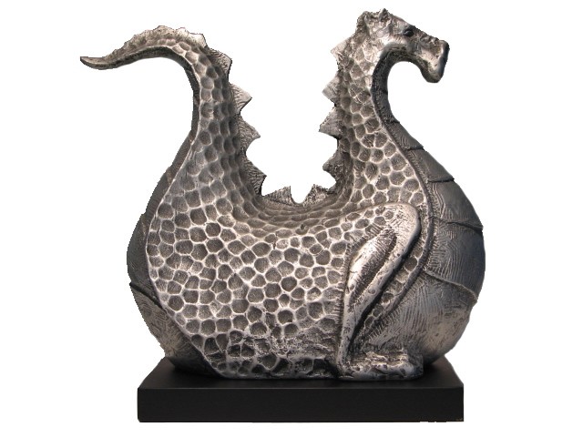 (image for) Polystone Ornament - European Dragon in Silver on a Black Base.