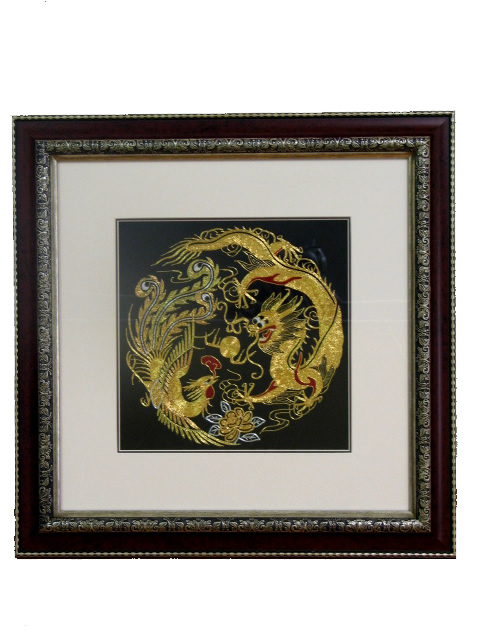 (image for) Framed Silk Embroidery, Square 25cm Piece, The Dragon & Phoenix, 25cm Frame