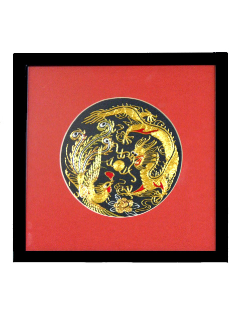 (image for) Framed Silk Embroidery, Round 12cm Piece, The Dragon & Phoenix, 20cm Frame
