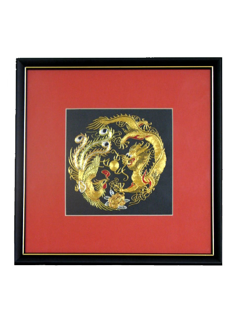(image for) Framed Silk Embroidery, Square 15cm Piece, The Dragon & Phoenix, 23cm Frame