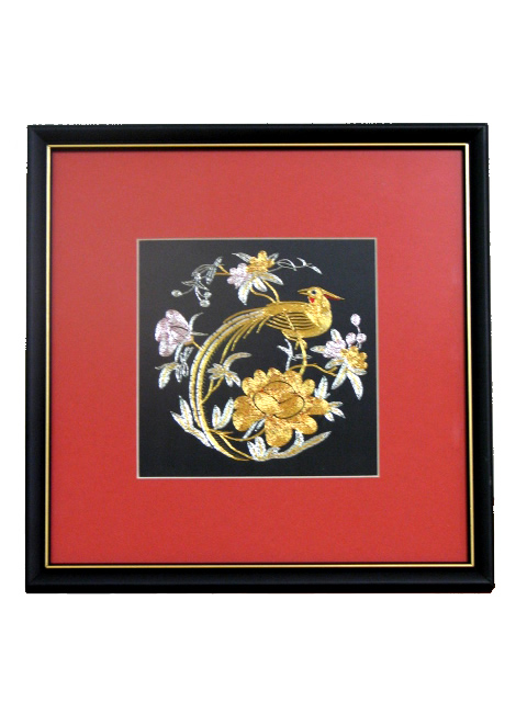 (image for) Framed Silk Embroidery, Square 15cm Piece, The Robin & Peony, 23cm Frame