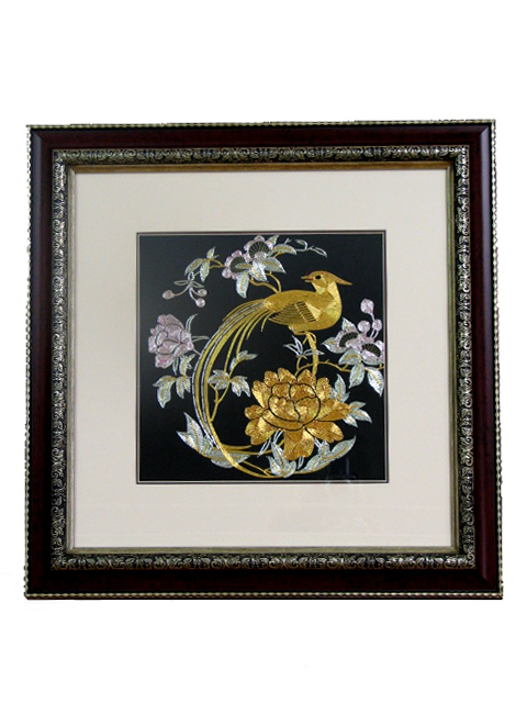 (image for) Framed Silk Embroidery, Square 25cm Piece, The Robin & Peony, 25cm Frame