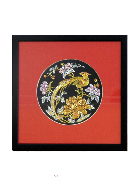 (image for) Framed Silk Embroidery, Round 12cm Piece, The Robin & Peony, 20cm Frame