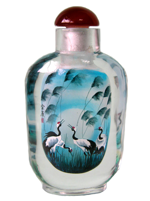 (image for) Painted Bottle Art, Cranes & Pine on Blue background, Hand Painted Inside, 12cm