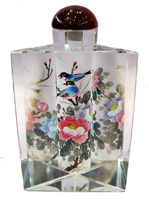 (image for) Painted Bottle Art, Robin & Peony in a Prism, Hand Painted Inside, 12cm