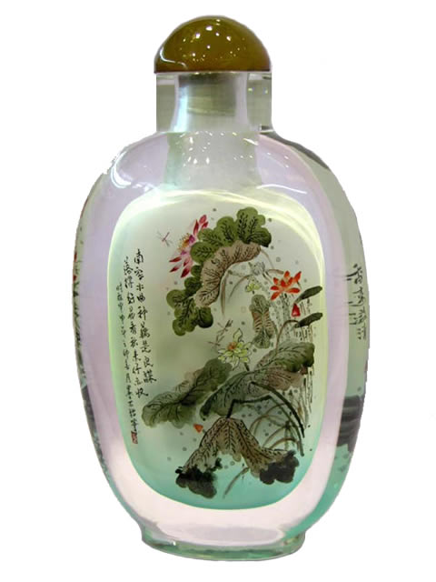 (image for) Painted Bottle Art, Lotus Plants, Hand Painted Inside, 12cm