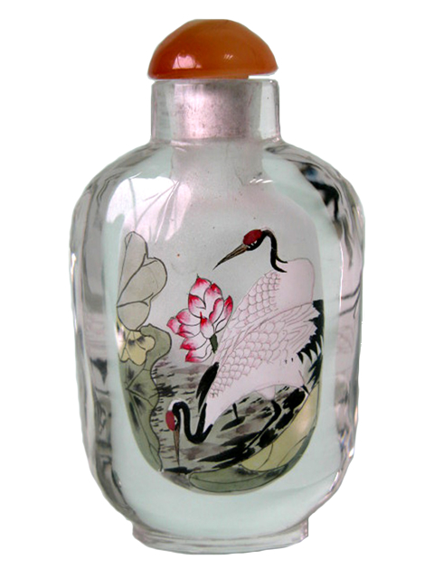 (image for) Painted Bottle Art, Cranes on Water, Hand Painted Inside, 7cm
