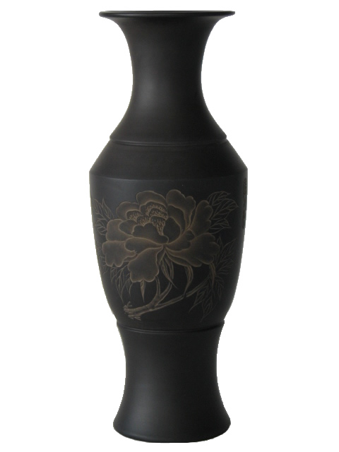 (image for) Chinese, Terracotta, Black Pottery Vase, Carved Pattern, The Peony - 074