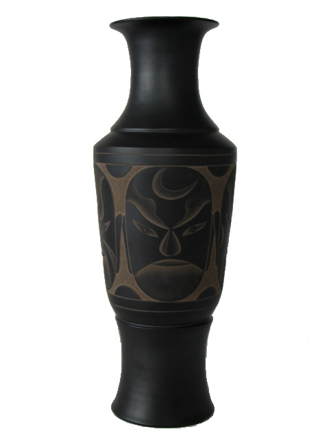 (image for) Chinese, Terracotta, Black Pottery Vase, Carved Pattern, Beijing Opera - 11A