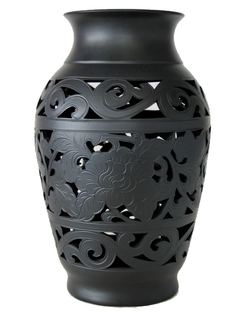 (image for) Chinese, Terracotta, Black Pottery, Dry Vase - Carved Floral Pattern - 132