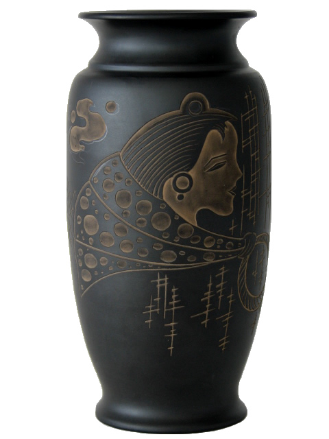 (image for) Chinese, Terracotta, Black Pottery Vase, Carved Pattern, Asian Beauty - 226A