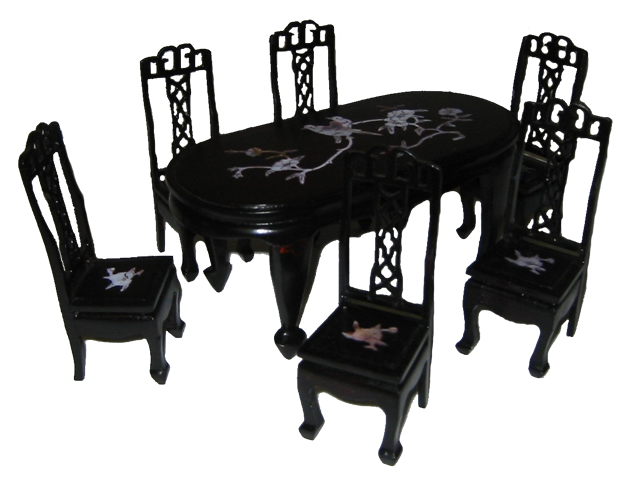 (image for) Stained timber dining table & chairs in miniature, with shell inlay.